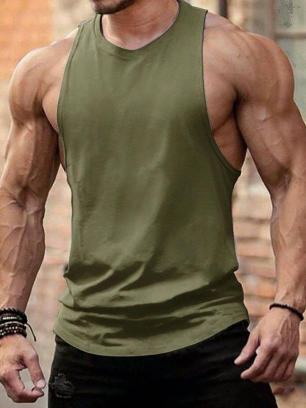 Dark Green Casual Men's Plain Round Neck Sleeveless T-Shirt